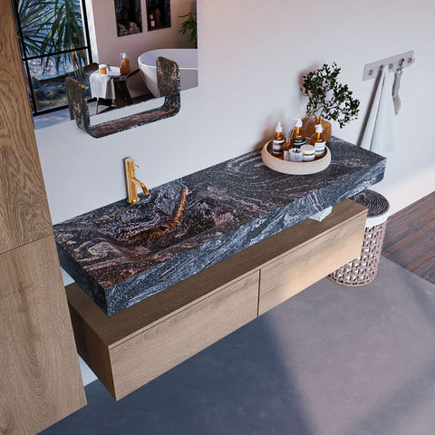 Mondiaz Alan Dlux badmeubel 150cm Washed Oak - Cloud wastafel Lava links - met 1 kraangat