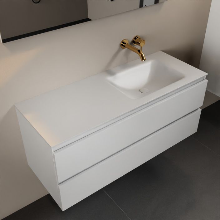 Mondiaz Aivy 120cm badmeubel Talc, wastafel Talc solid surface rechts zonder kraangat met spiegel