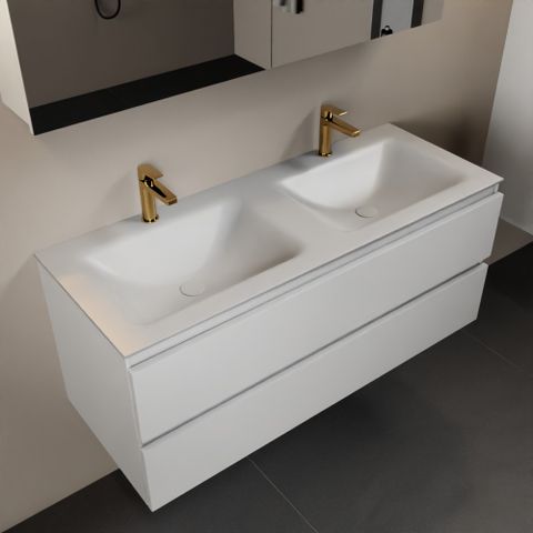 Mondiaz Aivy 120cm badmeubel Talc, wastafel Talc solid surface dubbel 2 kraangaten met spiegelkast