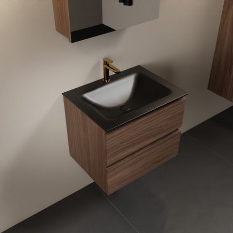 Mondiaz Aivy 60cm badmeubel Mocha, wastafel Urban solid surface midden 1 kraangat met spiegelkast