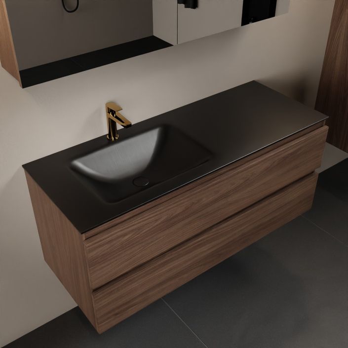 Mondiaz Aivy 120cm badmeubel Mocha, wastafel Urban solid surface links 1 kraangat met spiegelkast