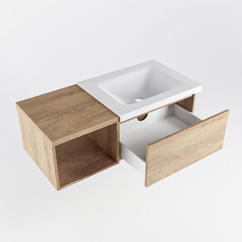 Mondiaz Bukla badmeubel met open module 100cm Washed Oak - Cloud wastafel Talc Rechts - zonder kraangat