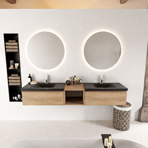 Mondiaz Bukla badmeubel met open module 200cm Washed Oak - Cloud wastafel Urban Dubbel - met 2 kraangaten