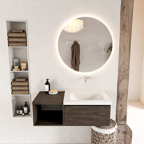 Mondiaz Bukla badmeubel met open module 100cm Dark Brown - Cloud wastafel Talc Rechts - zonder kraangat