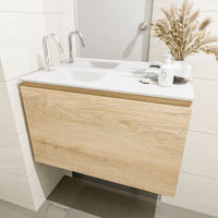 Mondiaz Olan fonteinmeubel 80cm Washed Oak - Lex wastafel Talc links - met 1 kraangat
