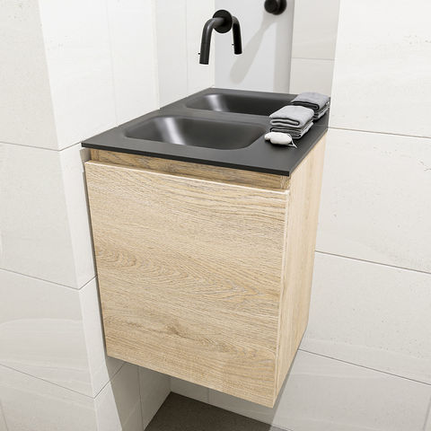 Mondiaz Olan fonteinmeubel 40cm Washed Oak - Lex wastafel Urban links - zonder kraangat