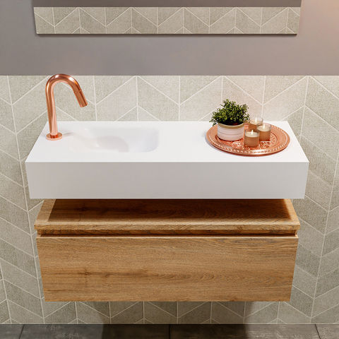 Mondiaz Andor fonteinmeubel 80cm Washed Oak - Lex 80cm wastafel Talc links - met 1 kraangat