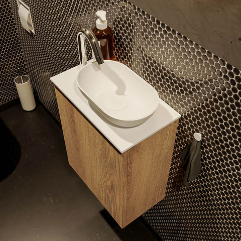 Mondiaz Fowy fonteinmeubel 40cm Washed Oak - Waskom rechts Talc/Talc - met 1 kraangat