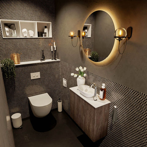 Mondiaz Fowy fonteinmeubel 60cm Dark Brown - Waskom midden Talc/Talc - met 1 kraangat