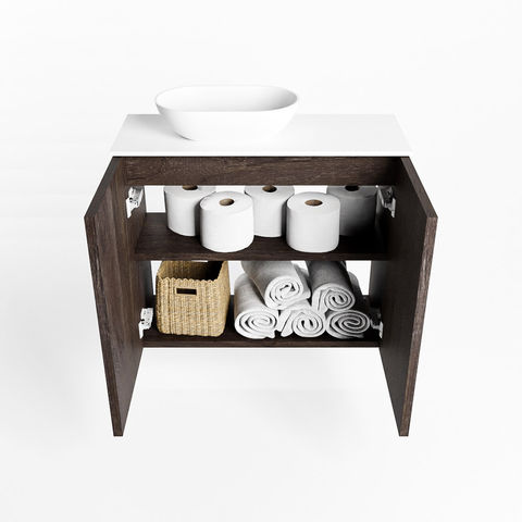 Mondiaz Fowy fonteinmeubel 60cm Dark Brown - Waskom links Talc/Talc - zonder kraangat