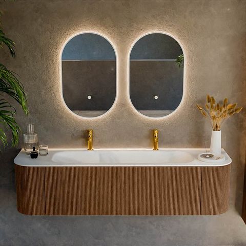 Mondiaz Kurve badmeubel 170cm Walnut - Ronding links en rechts - Big Large wastafel Midden Talc - 2 kraangaten