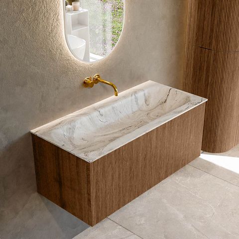 Mondiaz Kurve-Dlux badmeubel 100cm Walnut - Geen ronding - Big Medium wastafel Midden Glace - 0 kraangaten