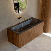 Mondiaz Kurve-Dlux badmeubel 100cm Walnut - Geen ronding - Big Medium wastafel Midden Lava - 0 kraangaten