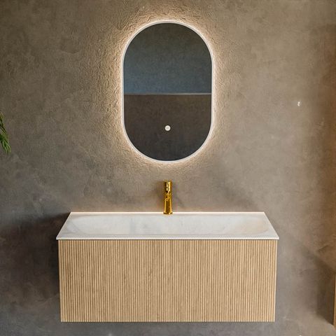 Mondiaz Kurve-Dlux badmeubel 100cm Oak - Geen ronding - Big Medium wastafel Midden Opalo - 1 kraangat