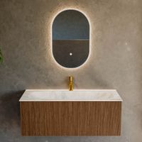Mondiaz Kurve-Dlux badmeubel 110cm Walnut - Geen ronding - Big Medium wastafel Midden Frappe - 1 kraangat
