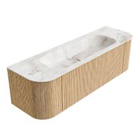 Mondiaz Kurve-Dlux badmeubel 150cm Oak - Ronding links en rechts - Big Medium wastafel Midden Frappe - 0 kraangaten