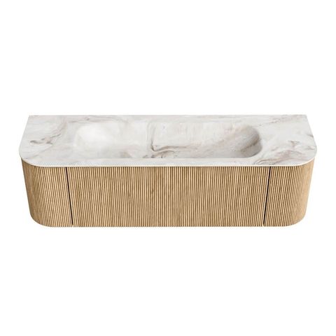 Mondiaz Kurve-Dlux badmeubel 150cm Oak - Ronding links en rechts - Big Medium wastafel Midden Frappe - 0 kraangaten