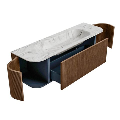 Mondiaz Kurve-Dlux badmeubel 150cm Walnut - Ronding links en rechts - Big Medium wastafel Midden Glace - 0 kraangaten