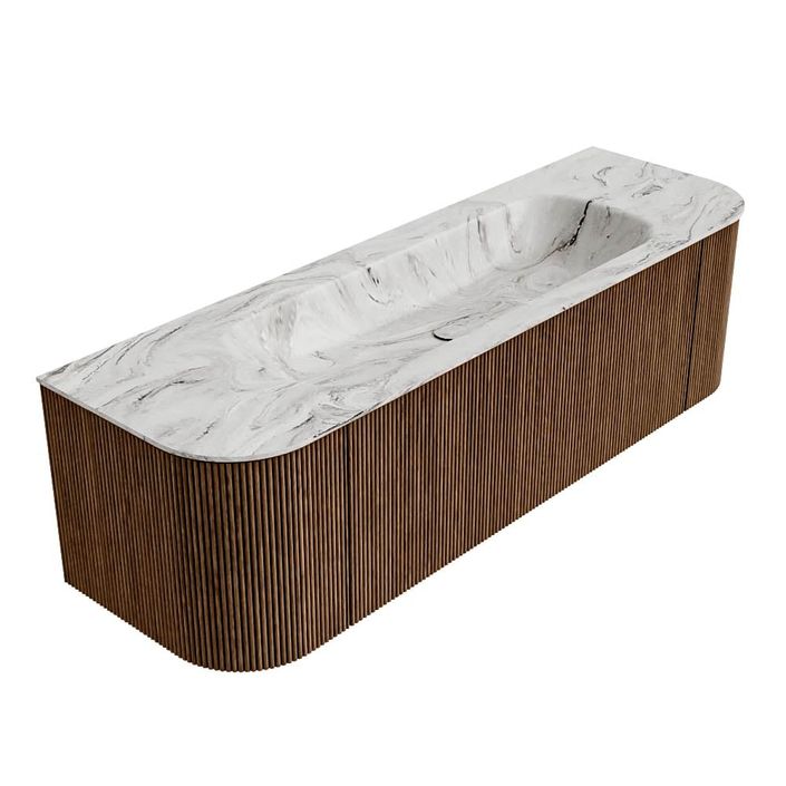 Mondiaz Kurve-Dlux badmeubel 150cm Walnut - Ronding links en rechts - Big Medium wastafel Midden Glace - 0 kraangaten