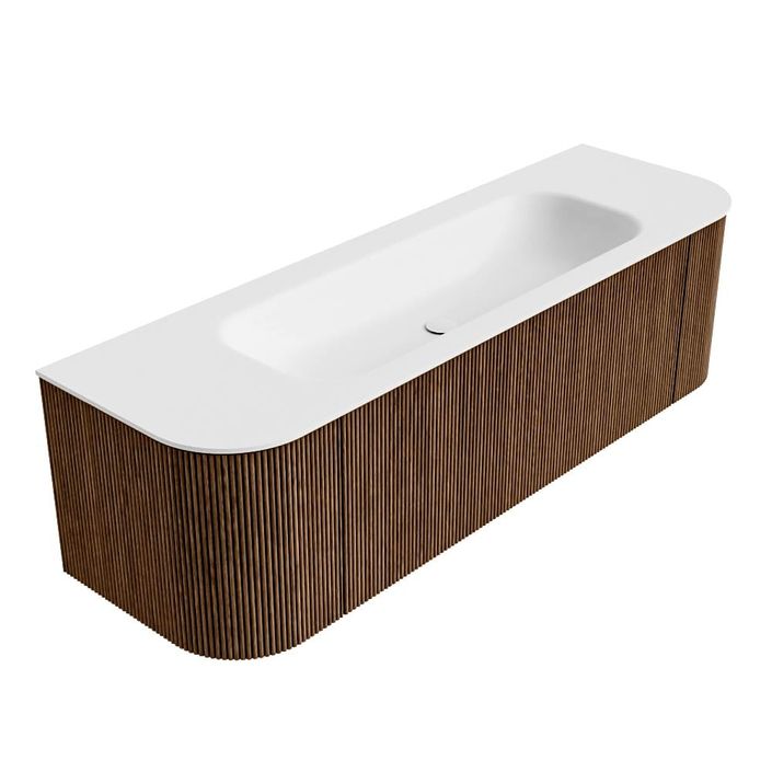 Mondiaz Kurve badmeubel 150cm Walnut - Ronding links en rechts - Big Medium wastafel Midden Talc - 0 kraangaten