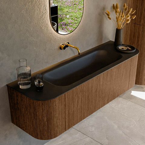 Mondiaz Kurve badmeubel 150cm Walnut - Ronding links en rechts - Big Medium wastafel Midden Urban - 0 kraangaten