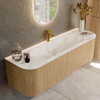 Mondiaz Kurve-Dlux badmeubel 150cm Oak - Ronding links en rechts - Big Medium wastafel Midden Frappe - 1 kraangat
