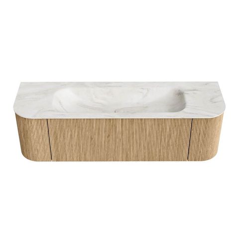Mondiaz Kurve-Dlux badmeubel 150cm Oak - Ronding links en rechts - Big Medium wastafel Midden Ostra - 1 kraangat