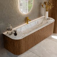 Mondiaz Kurve-Dlux badmeubel 150cm Walnut - Ronding links en rechts - Big Medium wastafel Midden Glace - 1 kraangat