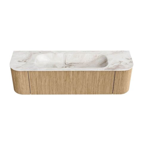 Mondiaz Kurve-Dlux badmeubel 160cm Oak - Ronding links en rechts - Big Medium wastafel Midden Frappe - 0 kraangaten