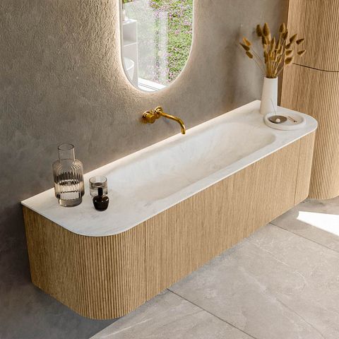 Mondiaz Kurve-Dlux badmeubel 160cm Oak - Ronding links en rechts - Big Medium wastafel Midden Opalo - 0 kraangaten