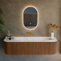 Mondiaz Kurve-Dlux badmeubel 160cm Walnut - Ronding links en rechts - Big Medium wastafel Midden Opalo - 0 kraangaten