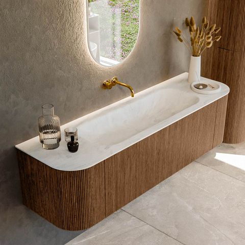 Mondiaz Kurve-Dlux badmeubel 160cm Walnut - Ronding links en rechts - Big Medium wastafel Midden Opalo - 0 kraangaten