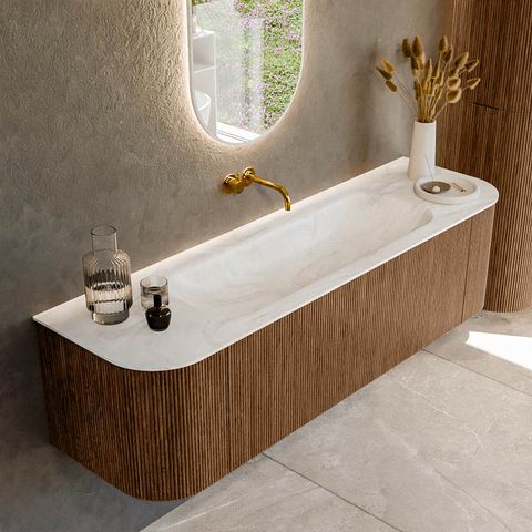 Mondiaz Kurve-Dlux badmeubel 160cm Walnut - Ronding links en rechts - Big Medium wastafel Midden Ostra - 0 kraangaten