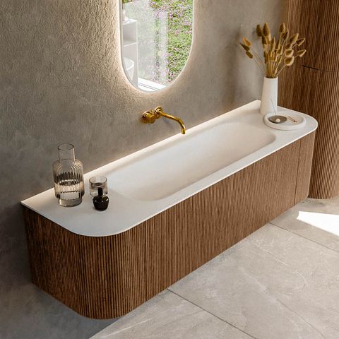 Mondiaz Kurve badmeubel 160cm Walnut - Ronding links en rechts - Big Medium wastafel Midden Talc - 0 kraangaten