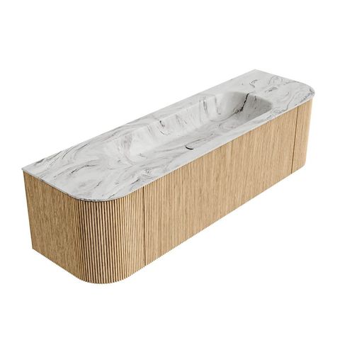 Mondiaz Kurve-Dlux badmeubel 160cm Oak - Ronding links en rechts - Big Medium wastafel Midden Glace - 1 kraangat