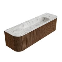 Mondiaz Kurve-Dlux badmeubel 160cm Walnut - Ronding links en rechts - Big Medium wastafel Midden Glace - 1 kraangat