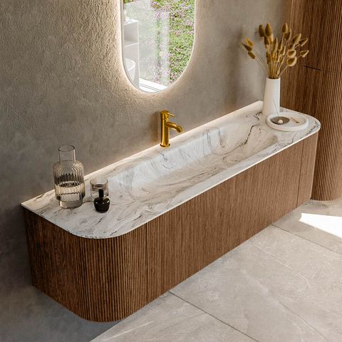 Mondiaz Kurve-Dlux badmeubel 160cm Walnut - Ronding links en rechts - Big Medium wastafel Midden Glace - 1 kraangat