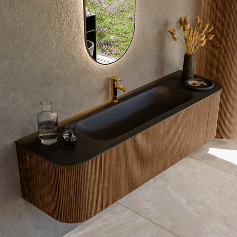 Mondiaz Kurve badmeubel 160cm Walnut - Ronding links en rechts - Big Medium wastafel Midden Urban - 1 kraangat