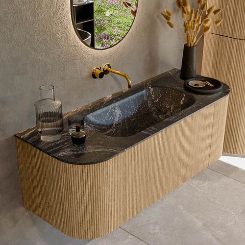 Mondiaz Kurve-Dlux badmeubel 120cm Oak - Ronding links en rechts - Big Small wastafel Midden Lava - 0 kraangaten