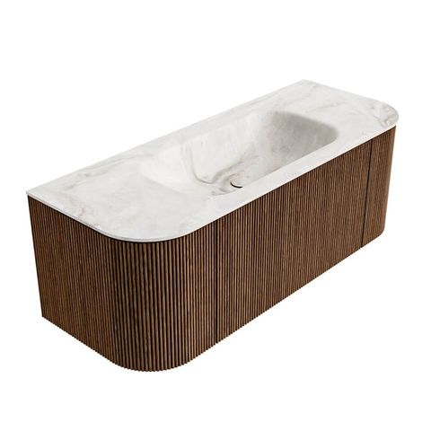 Mondiaz Kurve-Dlux badmeubel 120cm Walnut - Ronding links en rechts - Big Small wastafel Midden Frappe - 0 kraangaten