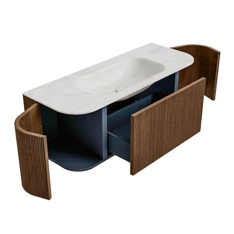 Mondiaz Kurve-Dlux badmeubel 120cm Walnut - Ronding links en rechts - Big Small wastafel Midden Ostra - 0 kraangaten