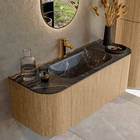 Mondiaz Kurve-Dlux badmeubel 120cm Oak - Ronding links en rechts - Big Small wastafel Midden Lava - 1 kraangat