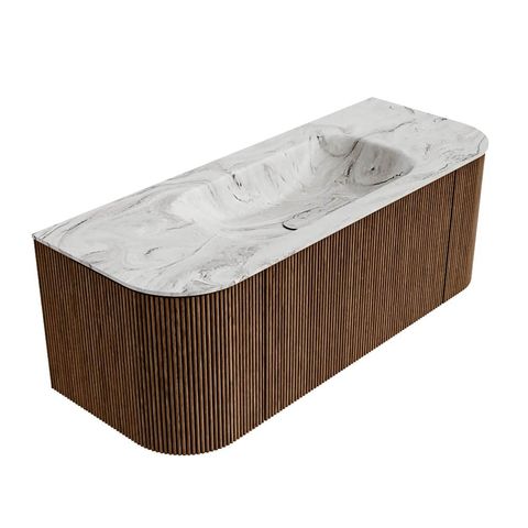 Mondiaz Kurve-Dlux badmeubel 120cm Walnut - Ronding links en rechts - Big Small wastafel Midden Glace - 1 kraangat