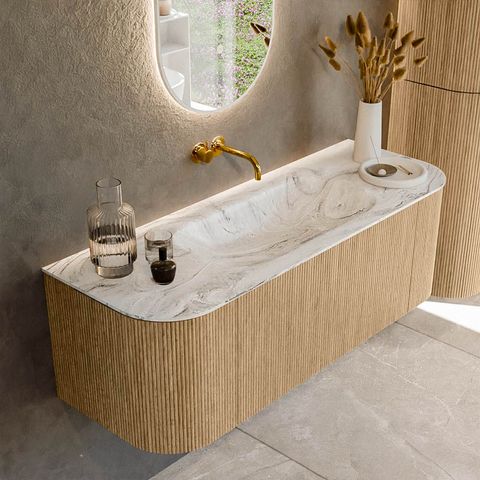 Mondiaz Kurve-Dlux badmeubel 130cm Oak - Ronding links en rechts - Big Small wastafel Midden Glace - 0 kraangaten