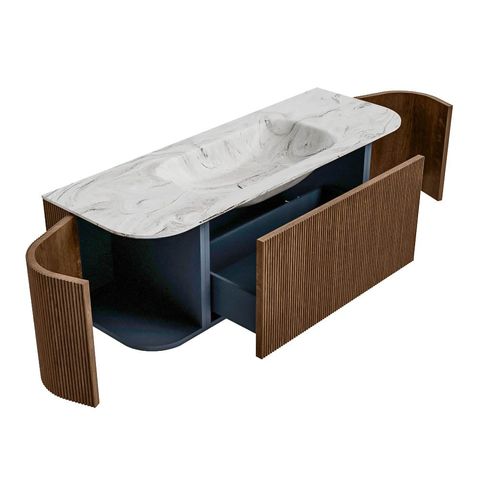 Mondiaz Kurve-Dlux badmeubel 130cm Walnut - Ronding links en rechts - Big Small wastafel Midden Glace - 0 kraangaten