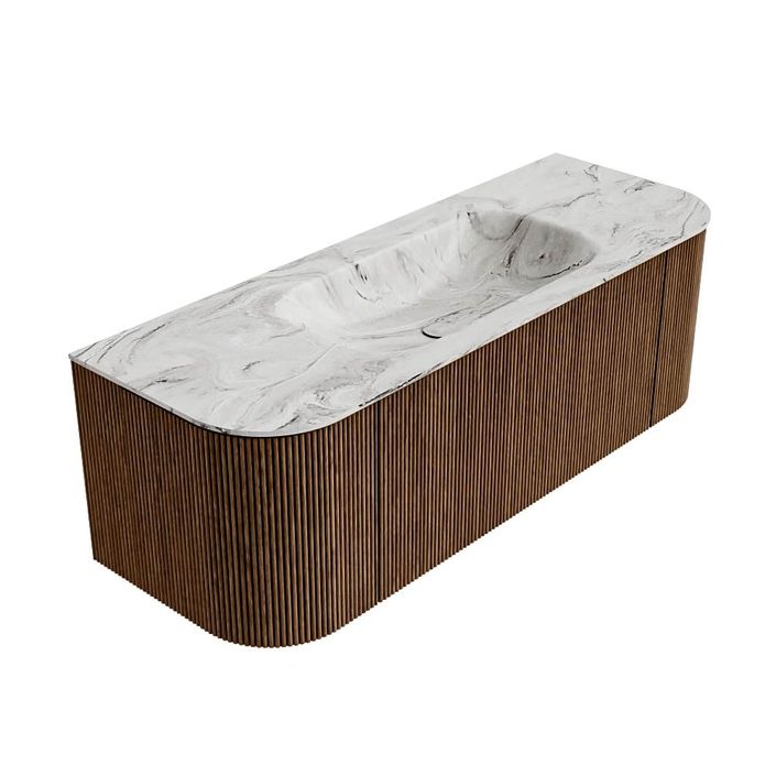 Mondiaz Kurve-Dlux badmeubel 130cm Walnut - Ronding links en rechts - Big Small wastafel Midden Glace - 0 kraangaten