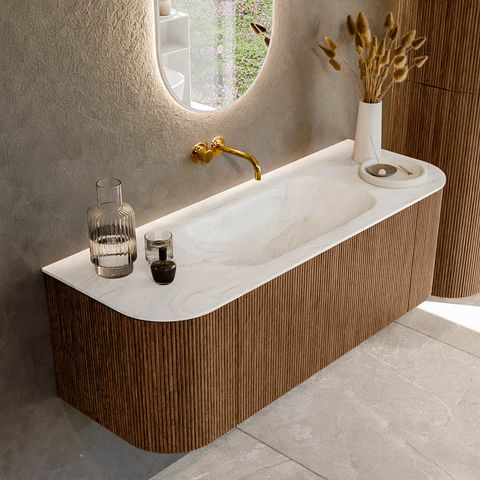 Mondiaz Kurve-Dlux badmeubel 130cm Walnut - Ronding links en rechts - Big Small wastafel Midden Ostra - 0 kraangaten