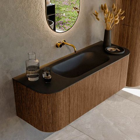 Mondiaz Kurve badmeubel 130cm Walnut - Ronding links en rechts - Big Small wastafel Midden Urban - 0 kraangaten