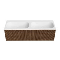 Mondiaz Kurve badmeubel 140cm Walnut - Geen ronding - Big Small wastafel Dubbel Talc - 0 kraangaten