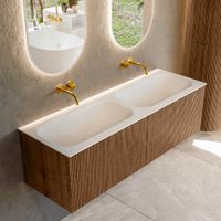 Mondiaz Kurve badmeubel 140cm Walnut - Geen ronding - Big Small wastafel Dubbel Talc - 0 kraangaten